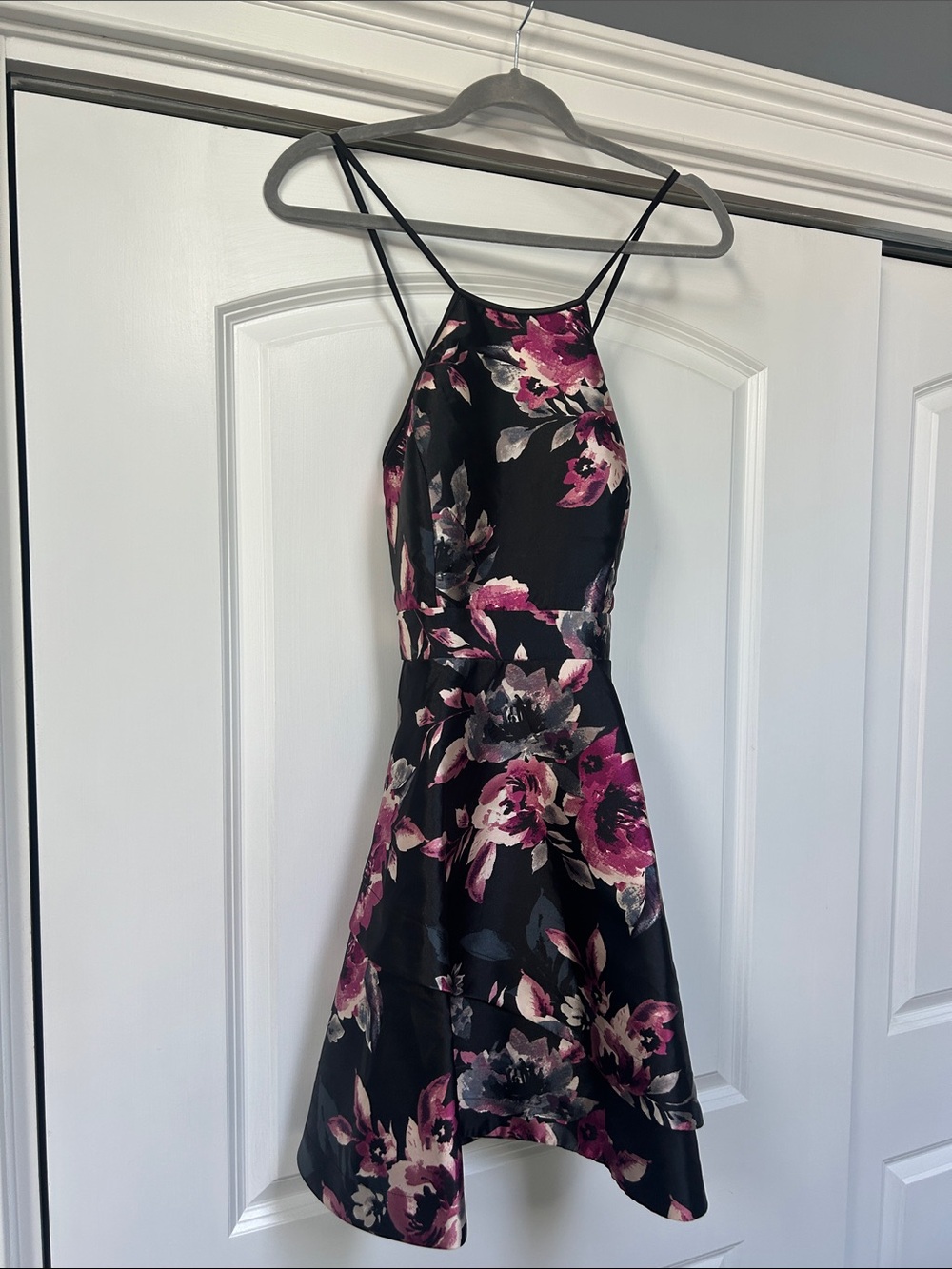 Speechless Black & Magenta Floral Halter Mini Dress